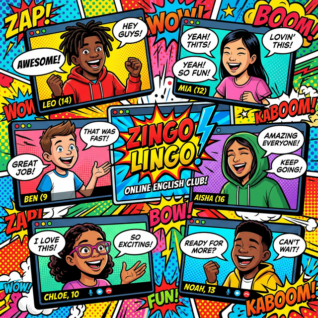 Kids talking in a comic book layout online club